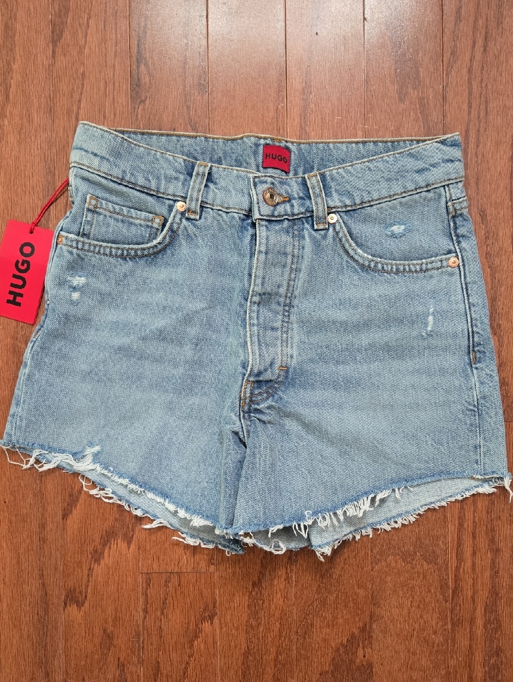 HUGO Light Blue Distressed Denim Cutoff Shorts - Picture 1 of 5